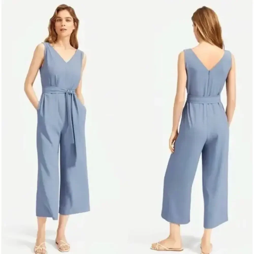 Everlane The Japanese GoWeave Essential Jumpsuit Sz 12 Dusty Blue -Missing Belt-